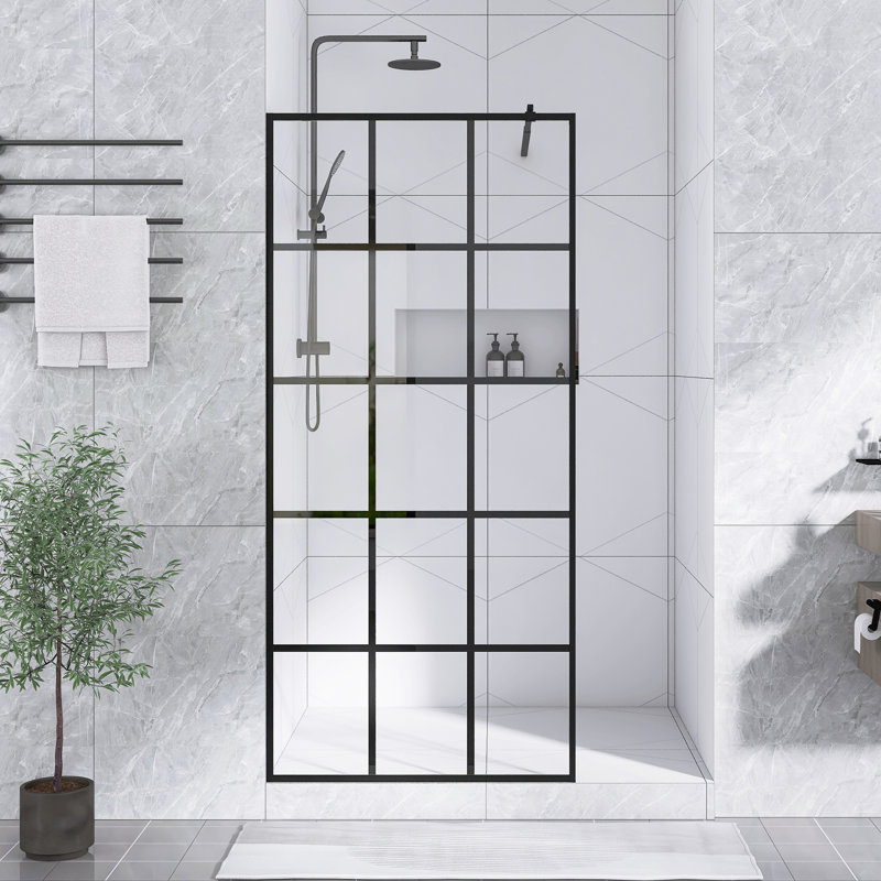 34 In. W × 72 In.H Framed Glass Shower Screen In Matte Black |  1/4"(6Mm) Tempered Glass | Aluminum Frame | Explosion Proof Film |  Stainless Support Bar｜ Waterproof Design