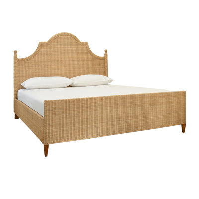 Bed Frame with Arched Headboard, Side Rails, and Footboard in Rattan with Wood Feet
