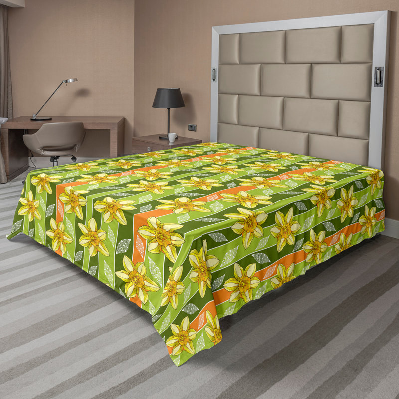 Ambesonne Top Flat Sheet Curving Art, King Flat Sheet, Green Yellow Floral