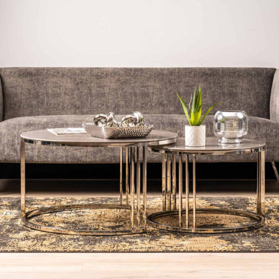 Axtin Metal Round Nesting Coffee Table For Living Room Furniture, Grey Marble Glass Top Centre Table