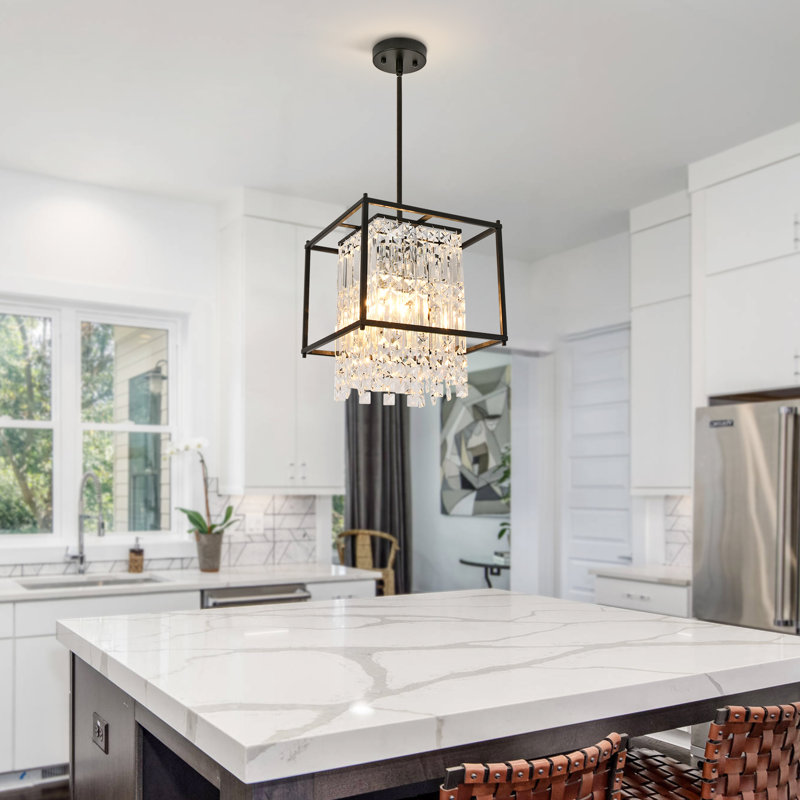 Square Crystal Pendant Light, 4-Light Modern Adjustable Height, for Kitchen Island, Dining Room, Hallway