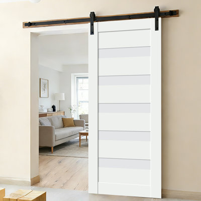 White Prefinished Solid Wood Core, Glass Barn Door with 6.6FT Barn Door Hardware Kit, Interior Door, Finished Barn Door, Interior White Door, Interior Sliding Door, Milky Exclusive Glass 24'' X 80'' Model 5G03 With 78'' Barn Door Hardware KIT