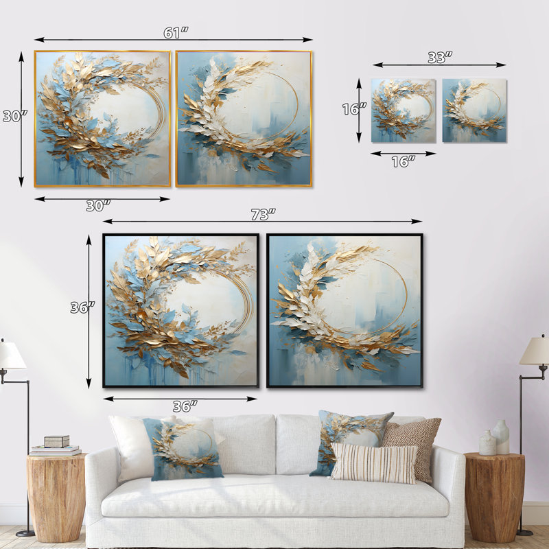Couronne de fleurs bleue et dorée - ensemble de 2 collages floraux carrés, Cadre flottant brun, H 30 po x l 61 po