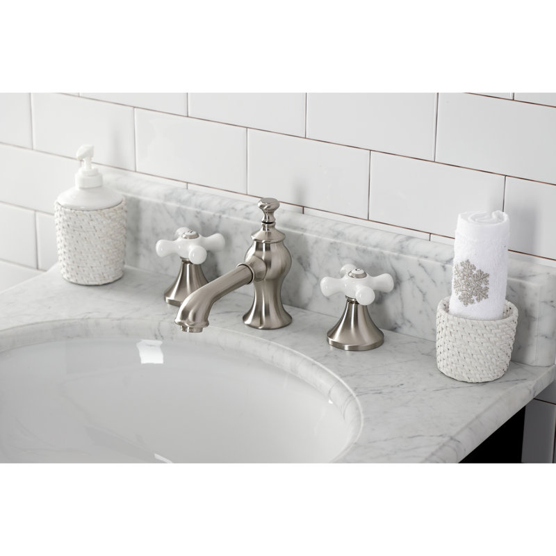 Kingston Brass Vintage Two-Handle 3-Hole Deck Mount Widespread Bathroom Faucet with Brass Pop-Up Drain, Brushed Nickel
