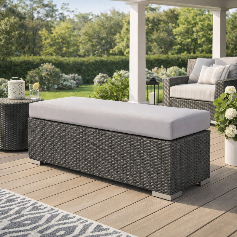 Banc d'extérieur en osier avec coussin et structure en fer Minkashi, Gris, Gris