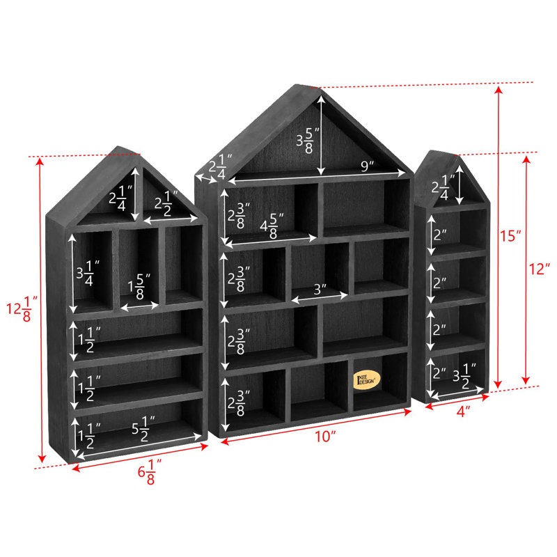 House-Shaped Wooden Shadow Cubby Box Display Shelf Organizer Storage Shadow Box For Mini Figures, Set Of 3, 10 W X 2 1/4 D X 15 H In, Black Colour