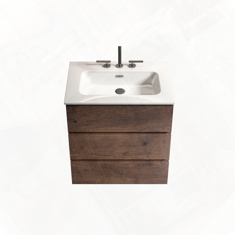 Meuble-lavabo autoportant avec lavabo et trois trous pour robinets, Noyer, 24"