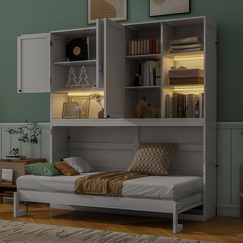 Lit escamotable mural avec armoire supérieure, Blanc