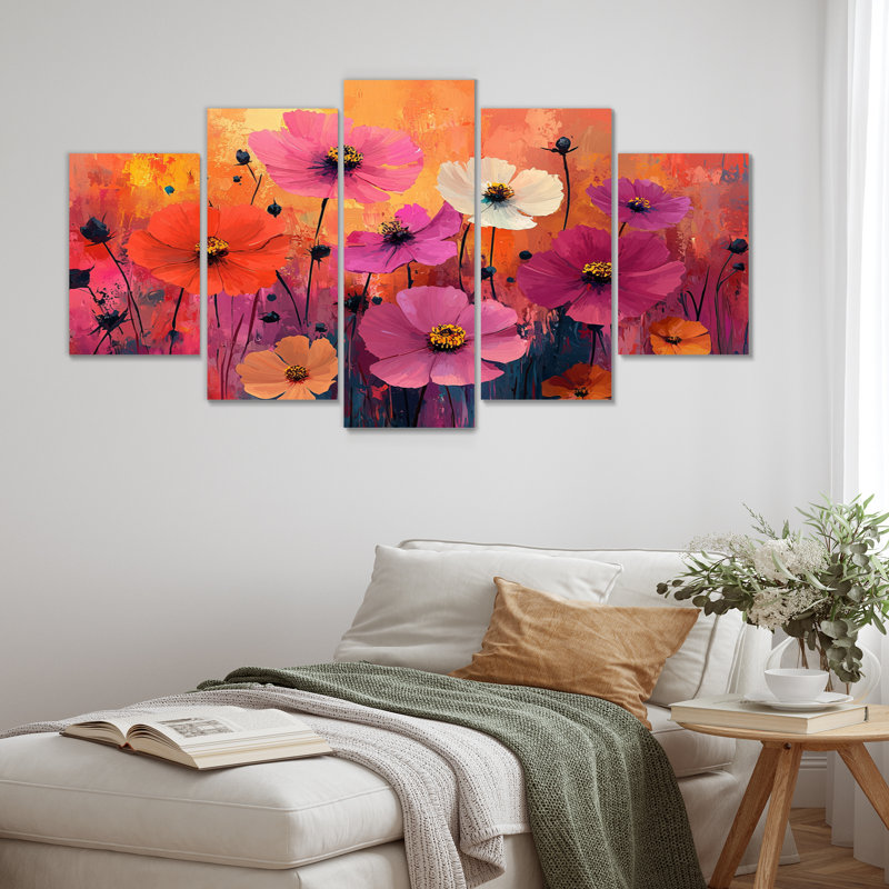 Neon Meadow in Bright Contrast Pop Art - Wildflowers Wall Art - ensemble d'art mural traditionnel 5 pièces
