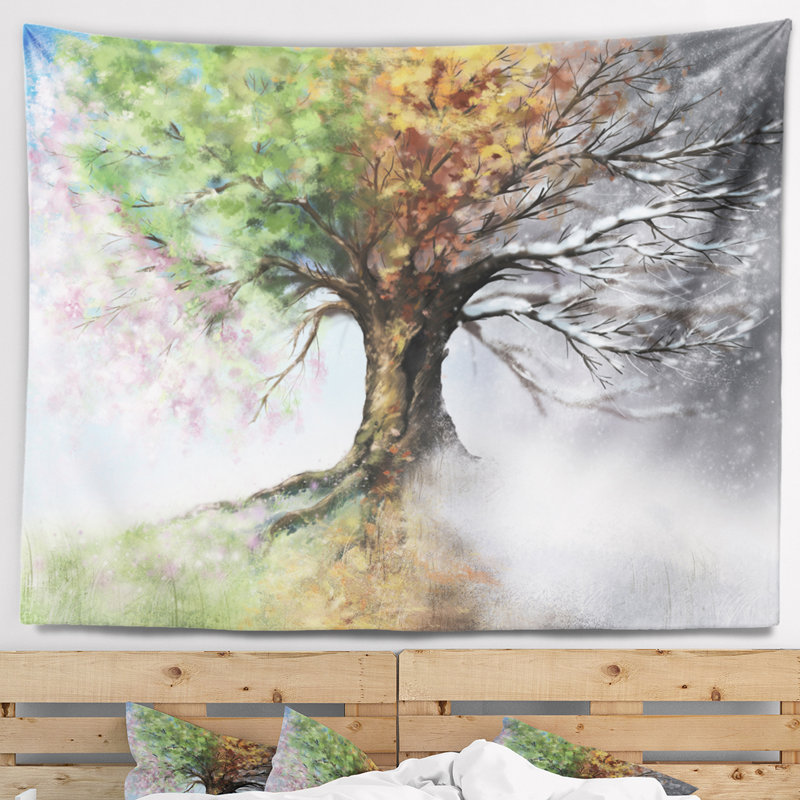 Arbre en polyester avec quatre saisons tapisserie avec accessoires suspendus inclus, H 50 po x l 60 po