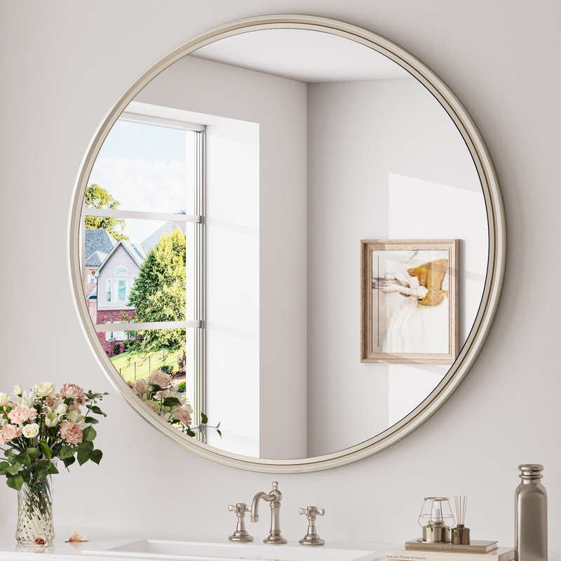 Evangelista Aluminum Alloy Framed Tempered Glass Round Wall Mirror, Brushed Nickel, 28" x 28"