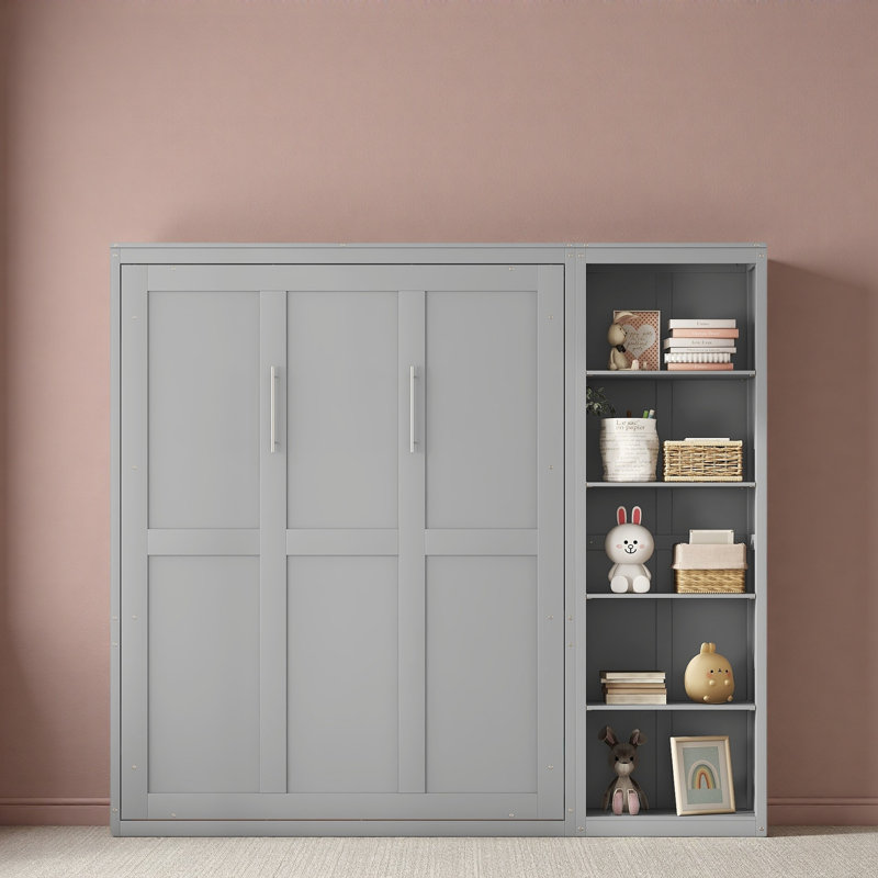 Lit escamotable double pleine grandeur avec tablettes, Gris, Lit double