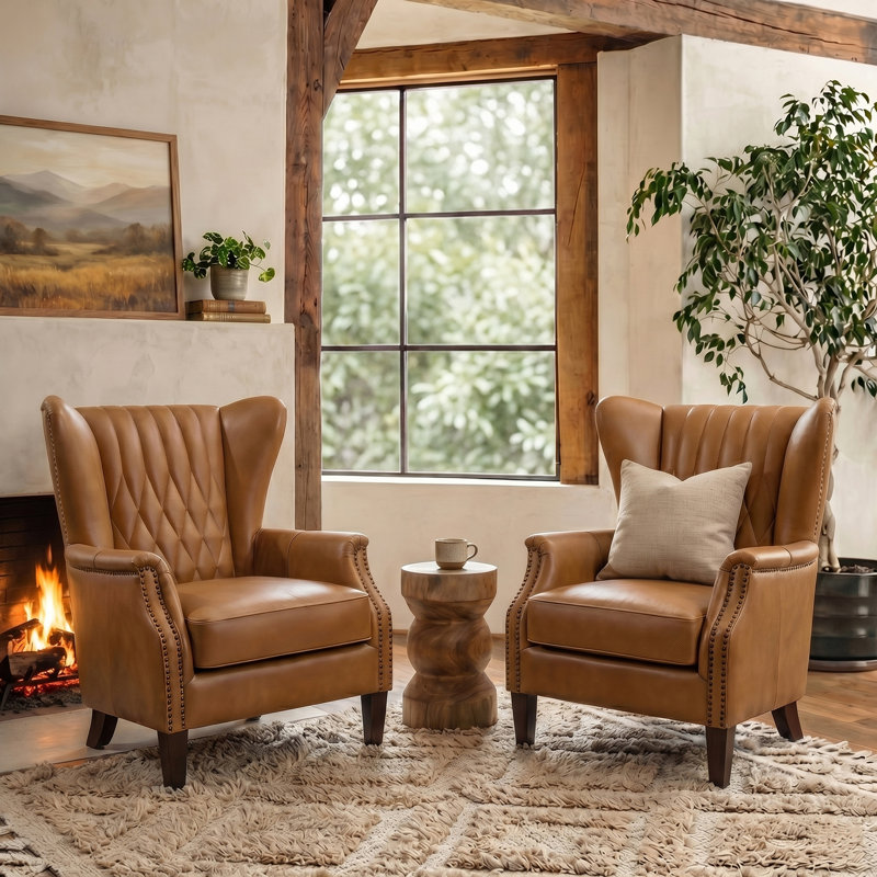 Fauteuil à oreilles en cuir véritable Ameliah, Cuir véritable chameau