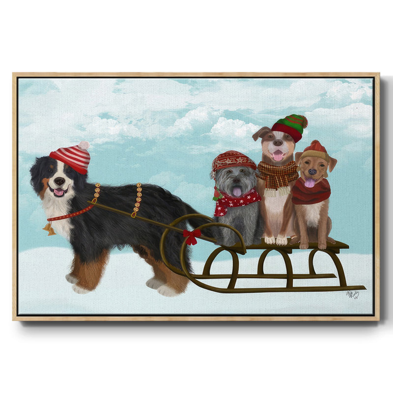 «Christmas Mutt Sled», reproduction sur toile, H 17 po x l 25 po x P 1,5 po, Encadré naturel