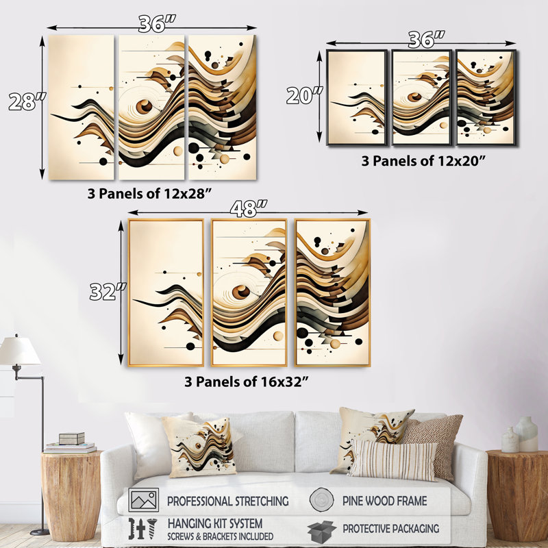 Mouvement brun et noir III - 3 pièces sur toile, H 28 po x l 36 po x P 1 po, Cadre blanc