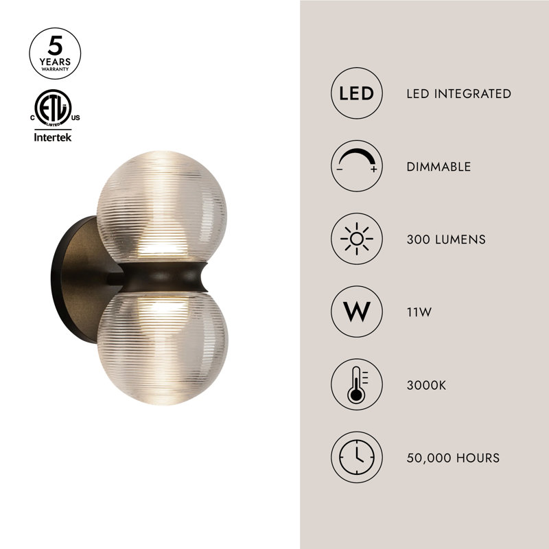 Peri 2 - Light LED Outdoor Armed Sconce, Clear Ribbed
