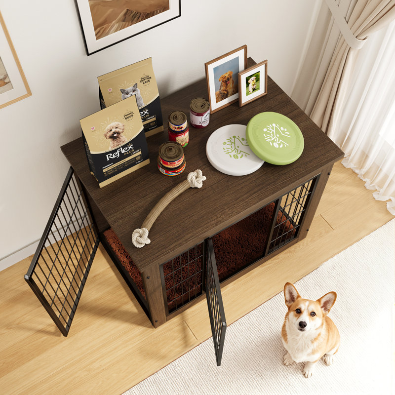 Table de bout avec cage amovible pour chien Gunji Furniture, L (38.7"L x 25.7"W x 26.9"H), Walnut