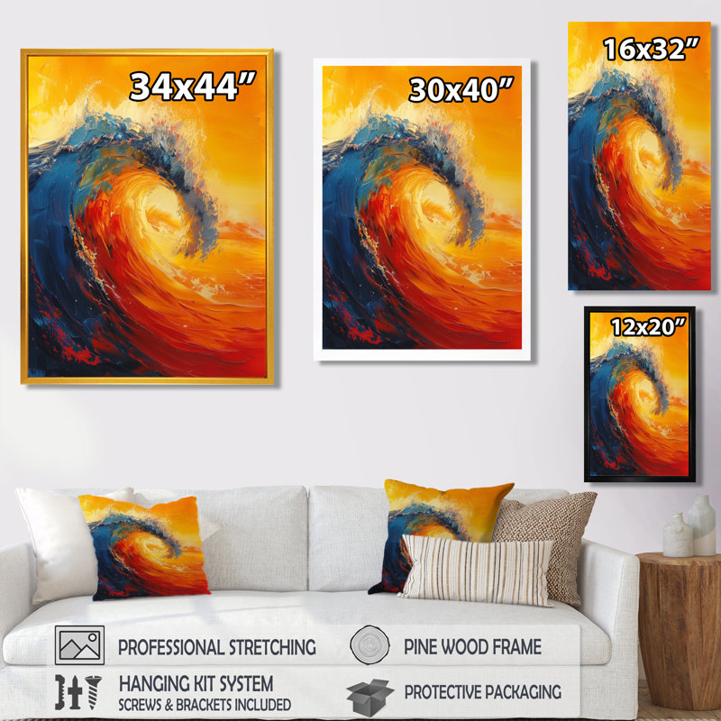 Décoration murale orange vagues bleues merveilleuses - vagues côtières, H 32 po x l 24 po x P 1 po, Toile tendue