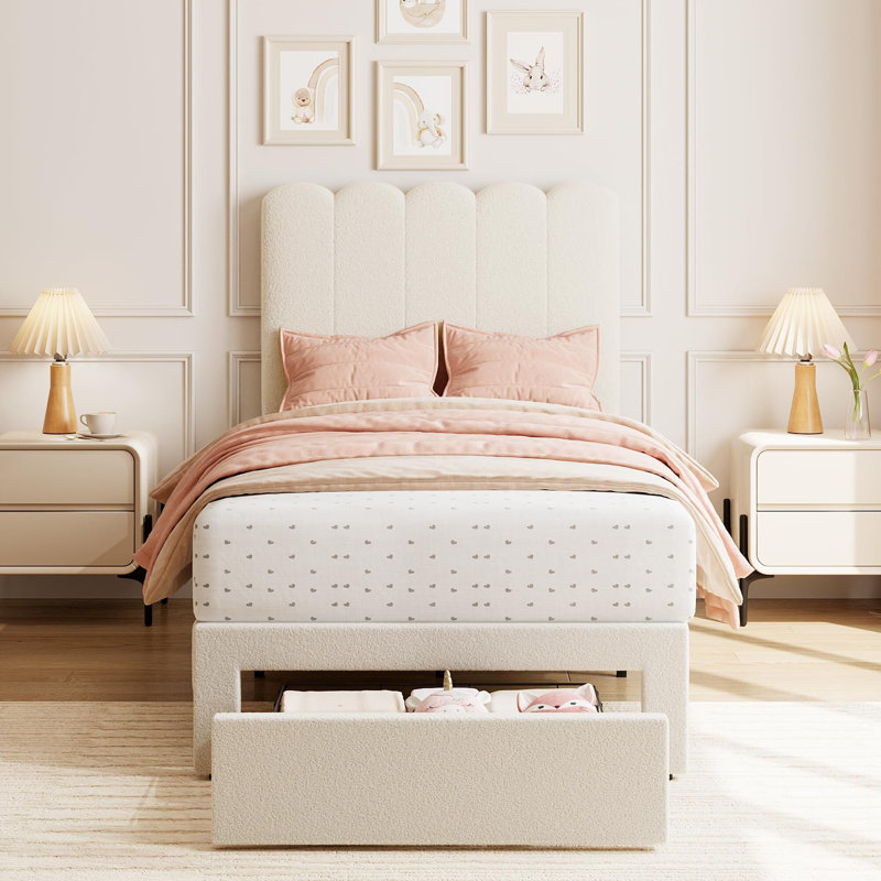 Structure de lit simple avec tiroir sous le lit, lit plateforme tapissier blanc Boucle avec tête de lit Wave pour enfants, support de lattes en bois, aucun sommier nécessaire, blanc