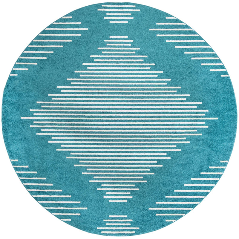 Tapis géométrique tissé à la machine en polypropylène turquoise, Rond 9 pi 10 po