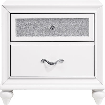 Nightstand With 2 Drawers, White Finish, Faceted Crystal Hardware, Bedroom Eye - Catching Piece, 25.22 Inches High, 16.5 Deep Spacious