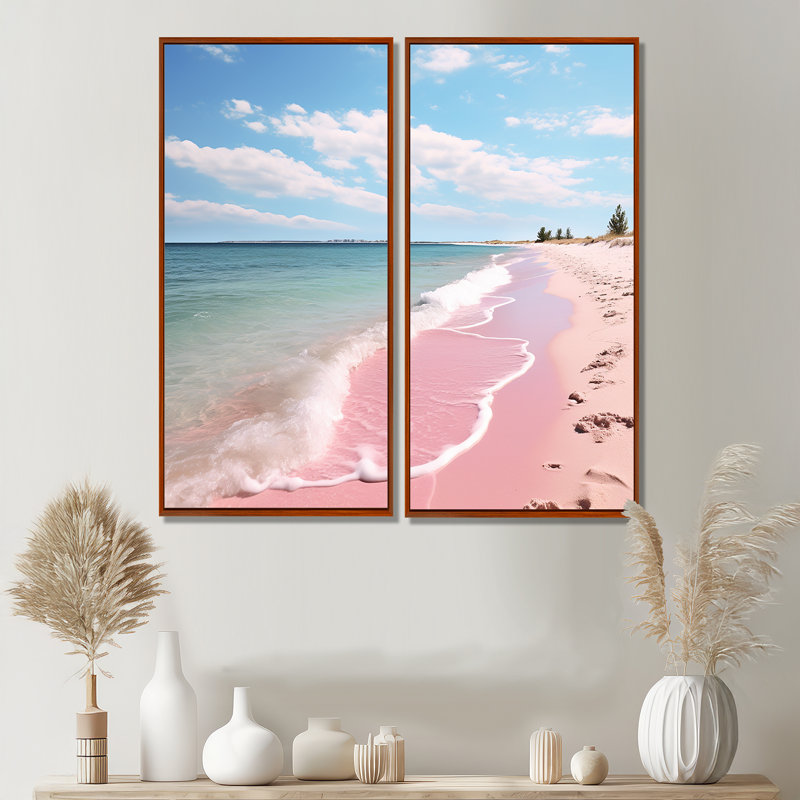 «Pink Minimalisme Beach Landscape I - Large Coastal Beach», 2 panneaux, H 20 po x l 24 po, Impression encadrée flottante