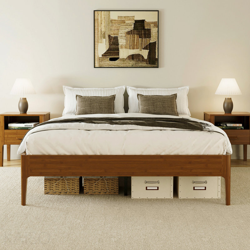15 Inch High Queen Size Solid Dry Bamboo Wood Platform Bed Frame, With Wood Slat Metal Support, Modern & Minimalist Style, No Box Spring Needed, Easy Assembly, Brown
