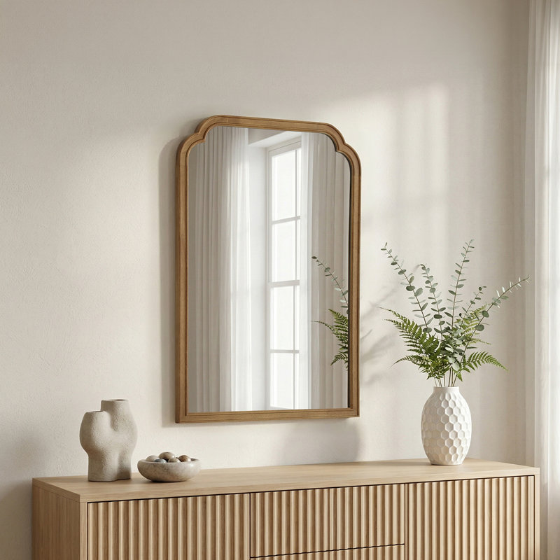 Ancalin Solid Wood Arched Wall Mirror, 36" x 24", Natural Wood