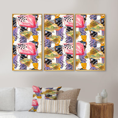 Motif rétro avec éléments roses et verts - ensemble de 3 peintures sur toile à cadre flottant