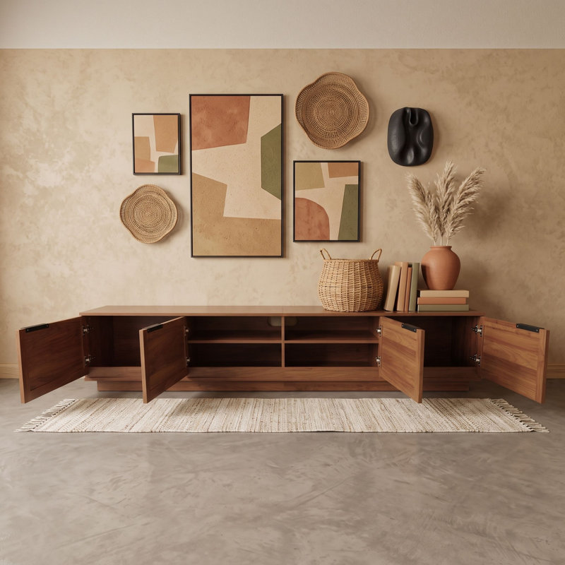 Meuble télé tissé en rotin avec cadre en MDF durable et tablettes