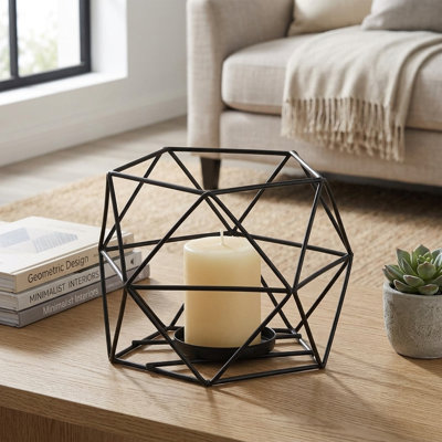 1 bougeoir géométrique en fil de métal noir, bougeoir à structure métallique creuse pour salon, foyer, buffet, idéal pour Noël, mariage, centre de table décoratif, cadeau parfait pour une pendaison de crémaillère ou les fêtes, pour une décoration intérieure d'ambiance.
