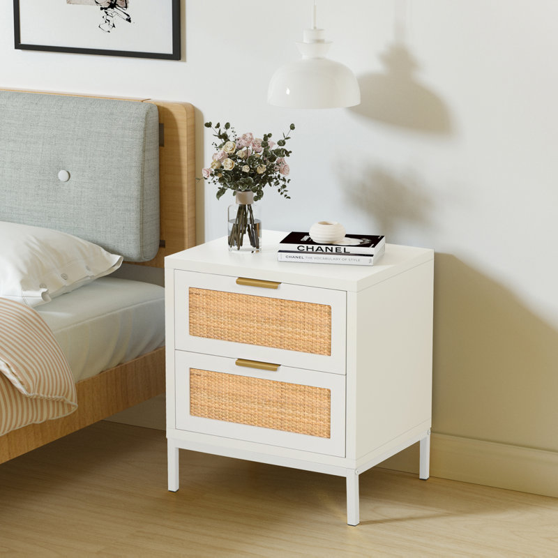 Natural Rattan Nightstands With Drawers in White , Set Of 1 