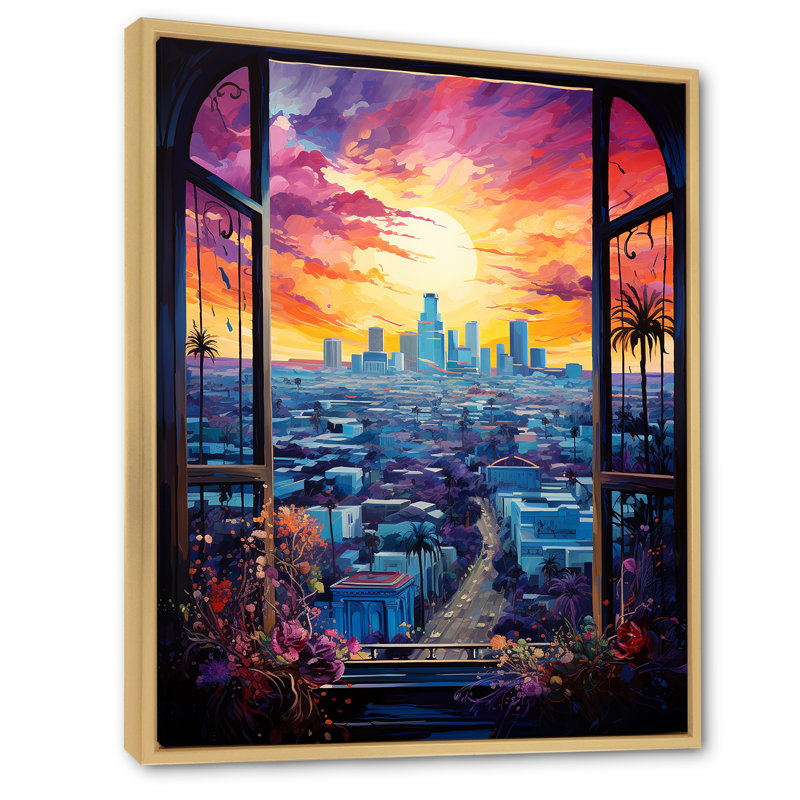 Los Angeles Window View 2 - art mural floral, Cadre flottant brun, 44" H x 34" W