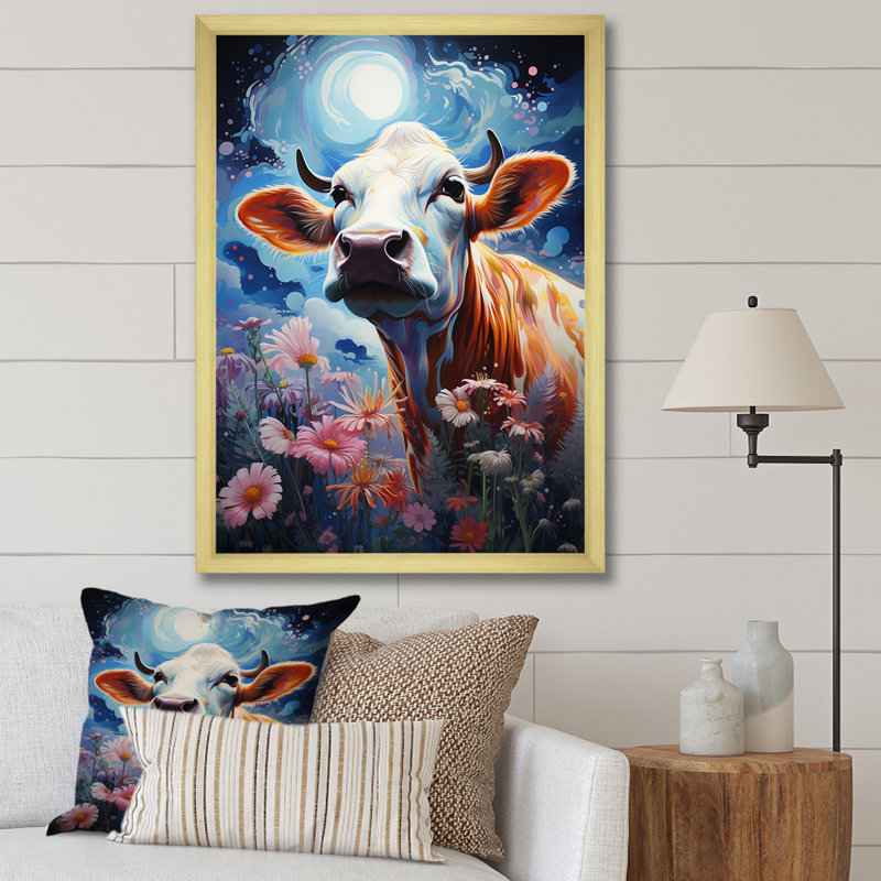 «Fantasy Cow In Enchanted Landes I», reproduction d'art sur toile, Cadre doré simple, H 32 po x l 24 po x P 1 po