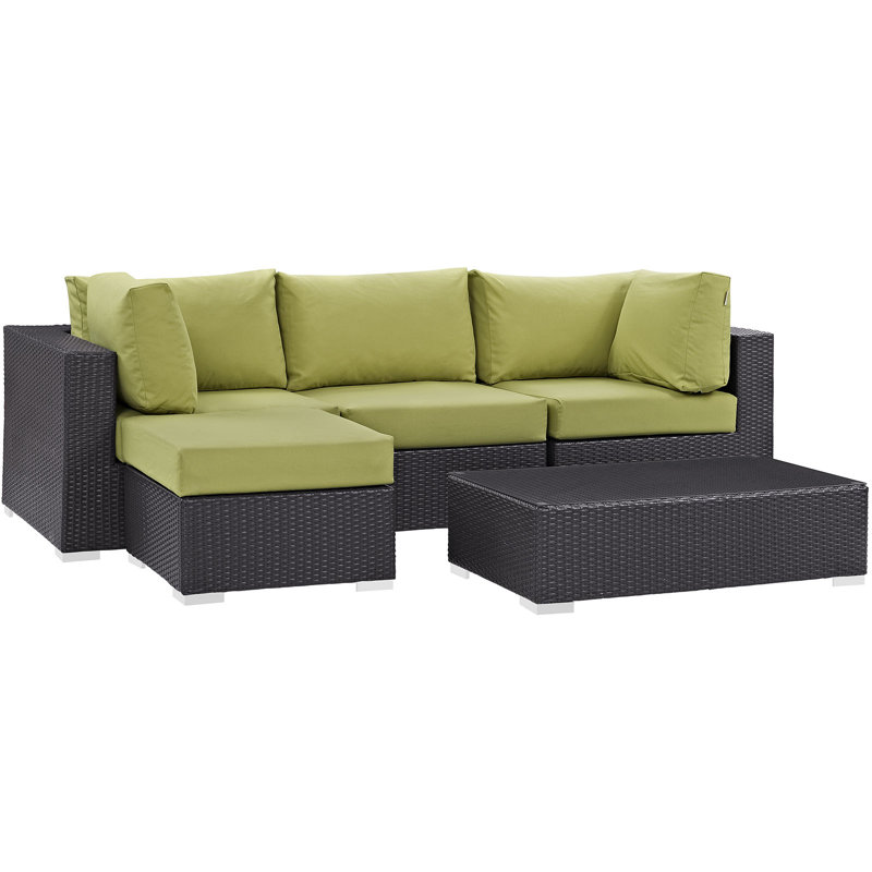 Convene 5 Piece Rattan Sectional Seating Group with Cushions, Peridot