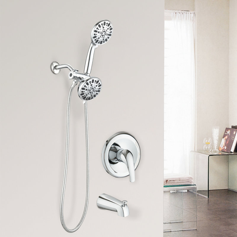High Tub Spout Shower System - Dual 2 In 1 Faucet With Valve. 7 Spray Patterns For Comfortable Shower. . Metal Structure. 1.8 Gpm. 59" Hose. 1/2" Connection Wall Mounted Faucet. Modes Head & Hand
