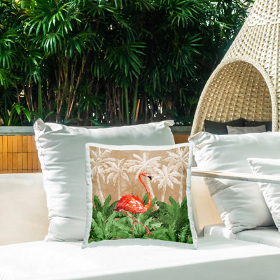 Coussin décoratif d'extérieur imprimé Jungle Life Flamingo par Paul Brent