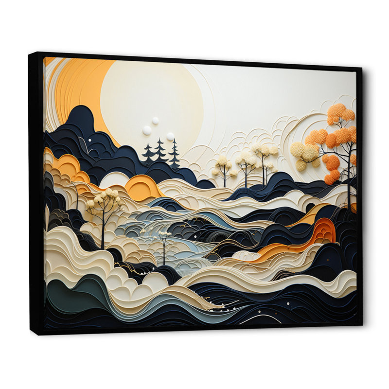 «Mahjabi Gray Orange Line Art Landscape», reproduction d'art sur toile, H 12 po x l 20 po x P 1 po, Cadre flottant noir