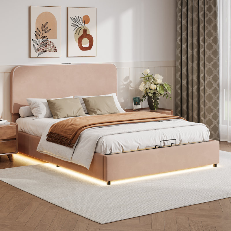 Lit plateforme de rangement hydraulique grand format avec lit tapissier, lit de rangement relevable avec lumière DEL RVB, haut-parleur Bluetooth, aucun sommier nécessaire, velours litchi