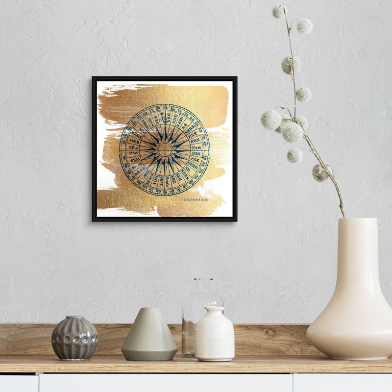 Boussole or brossé-impression sur toile, H 14 po x l 14 po x P 1,75 po, Cadre noir