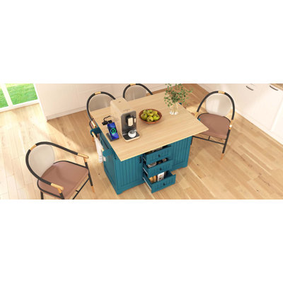 Grand îlot de cuisine 55,7 po avec 2 abattants, chariot de cuisine roulant sur 5 roulettes avec prise de courant, table de salle à manger pliante avec porte-épices et porte-serviettes