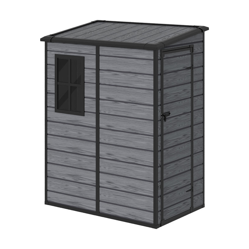 Dark grey wood grain plastic tool shed