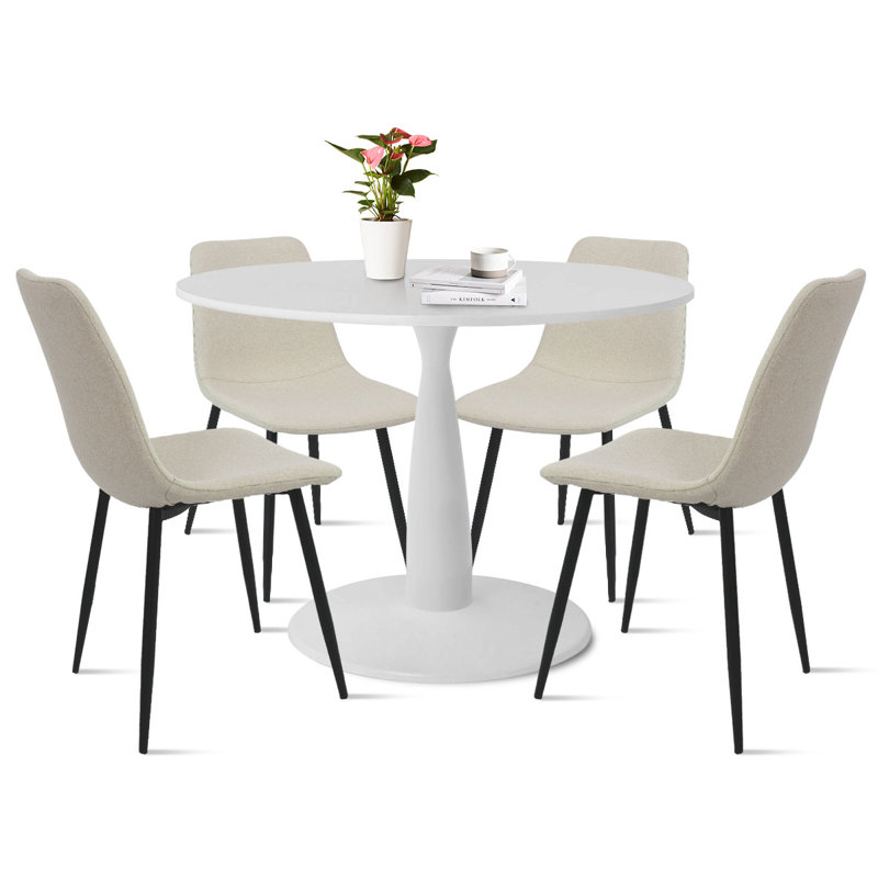 Fahie 4 - Person Dining Table Sets With 35'' Round Table & 4 Upholstered Fabric Chairs, Beige