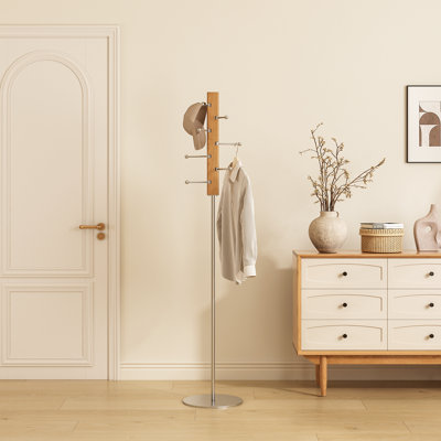 Modern Minimalist Freestanding Coat Rack, 70.87" H x 13.78" Base, Wooden & Metal Standing Coat Hanger for Entryway Hallway Bedroom