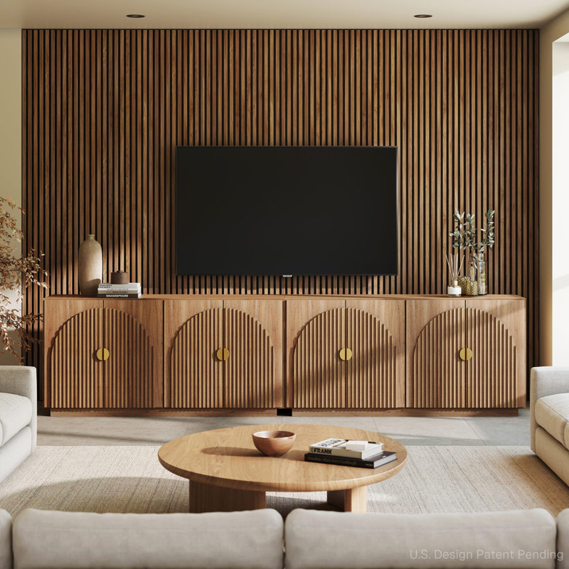 Set of 2 Fluted Buffet Cabinet with Storage, 65 Inch Symmetrical Arc Accent Sideboard Large Console Table for Dining Room, Kitchen, and Living Room (Caramel Brown)