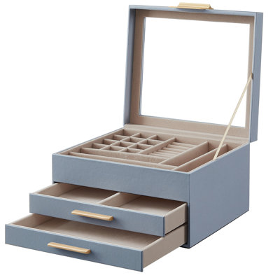 Jewelry Box Organizer, 3-Layer Jewelry Storage With 2 Drawers, Shiny Metal Hardware, Glass Lid, Modern, 8 X 9.1 X 5.3 Inches