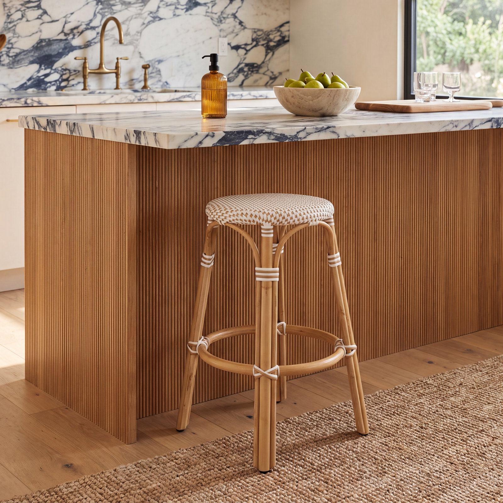 Alastair 30" Bar Stool, Counter Stool (24" Seat Height), Natural/Natural Rattan Frame