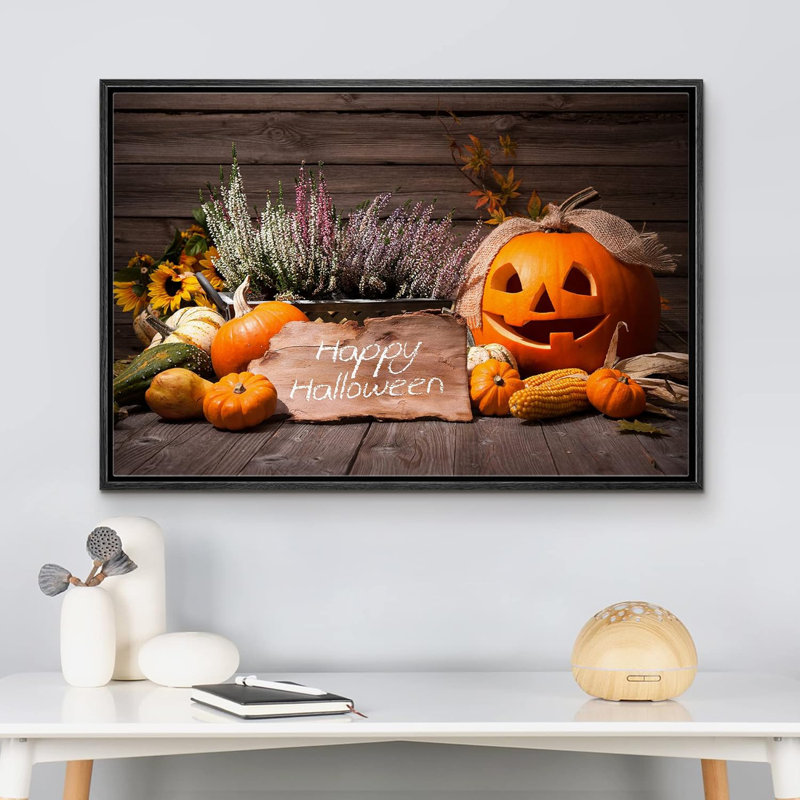 Automne, citrouille, moisson, Halloween, H 24 po x l 36 po, Cadre flottant noir