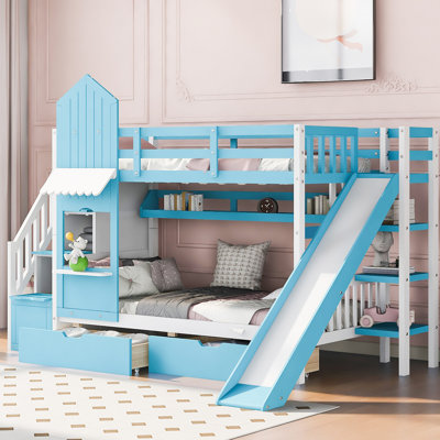 Lit superposé de style château avec 2 tiroirs, 3 tablettes et glissade