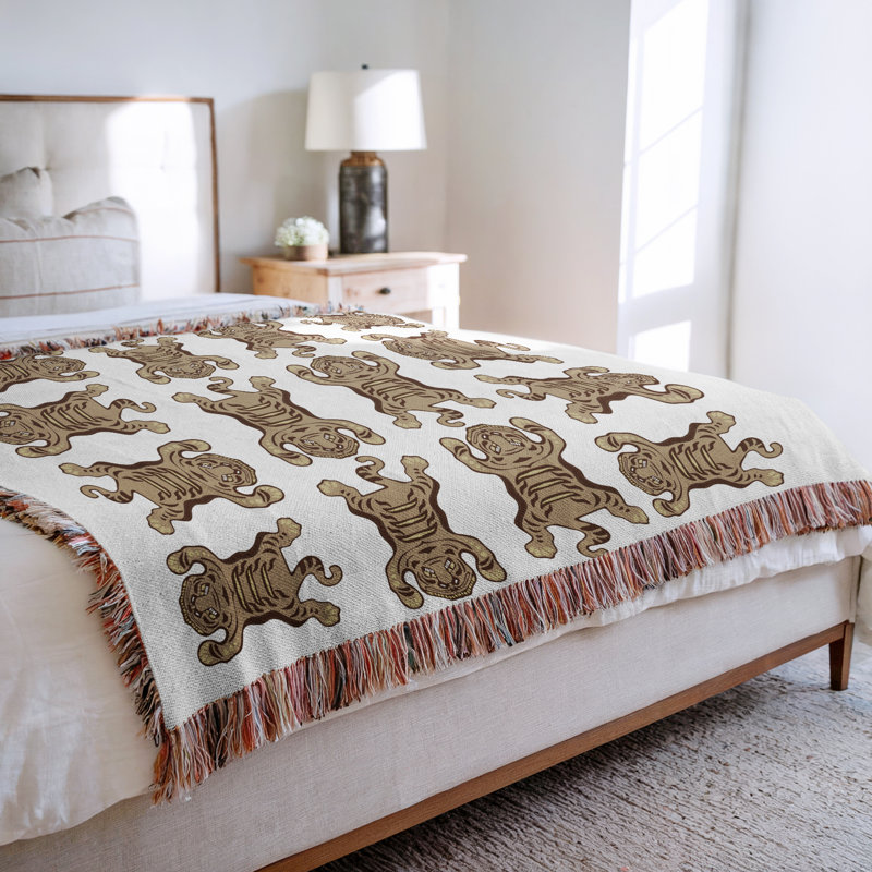 Jeté en mélange de coton Usha, Beige / Blanc cassé, L 60 po x l 50 po